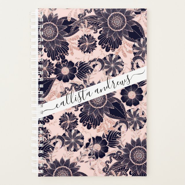 Girly Navy Rose Gold Glitter Floral Illustrations Planner (Front)