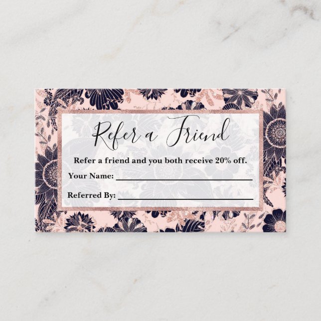Girly Navy Rose Gold Glitter Floral Illustrations Referral Card (Front)