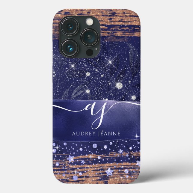Girly Navy Rose Gold Glitter Stars Foliage Script  Case-Mate iPhone Case (Back)