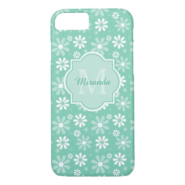 Girly Neo Mint Green Daisy Flowers Monogram Name Case-Mate iPhone Case (Back)