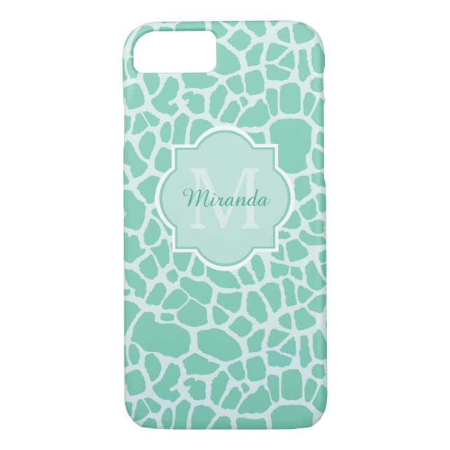 Girly Neo Mint Green Giraffe Print Monogram Name Case-Mate iPhone Case (Back)