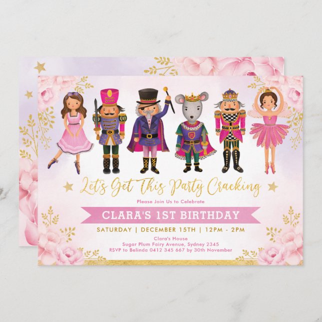 Girly Nutcracker Winter Blush Gold Floral Birthday Invitation (Front/Back)