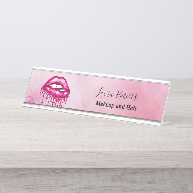Girly Office Pink Lips and Glitter Desk Name Plate (Front)