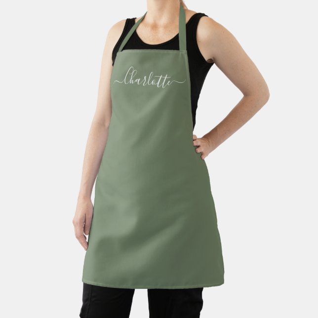 Girly olive green custom script name elegant solid apron (Insitu)