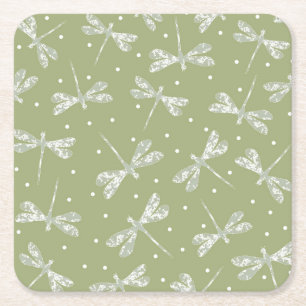 Girly olive green white dots and dragonflies square paper coaster