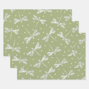 Girly olive green white dots and dragonflies wrapping paper sheet