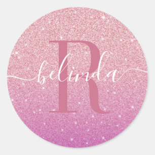Girly Ombre Pink Purple Glitter Monogram Name Classic Round Sticker