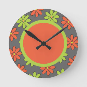 Girly Orange and Lime Flowers Round Clock