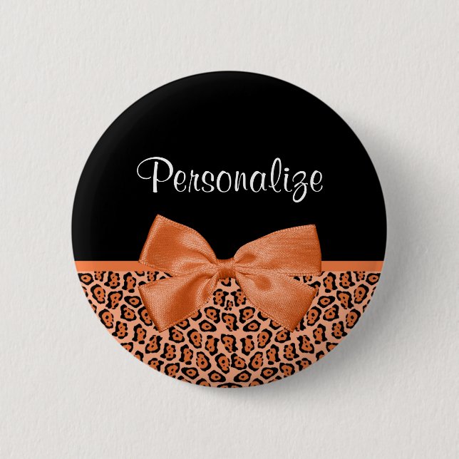 Girly Orange Black Jaguar Cute Ribbon With Name 6 Cm Round Badge (Front)