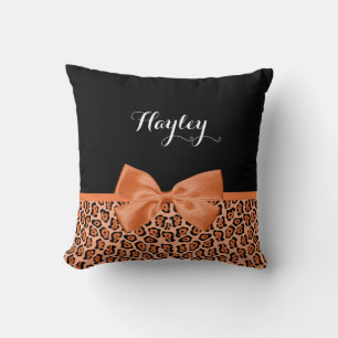 Girly Orange Black Jaguar Cute Ribbon With Name Cushion