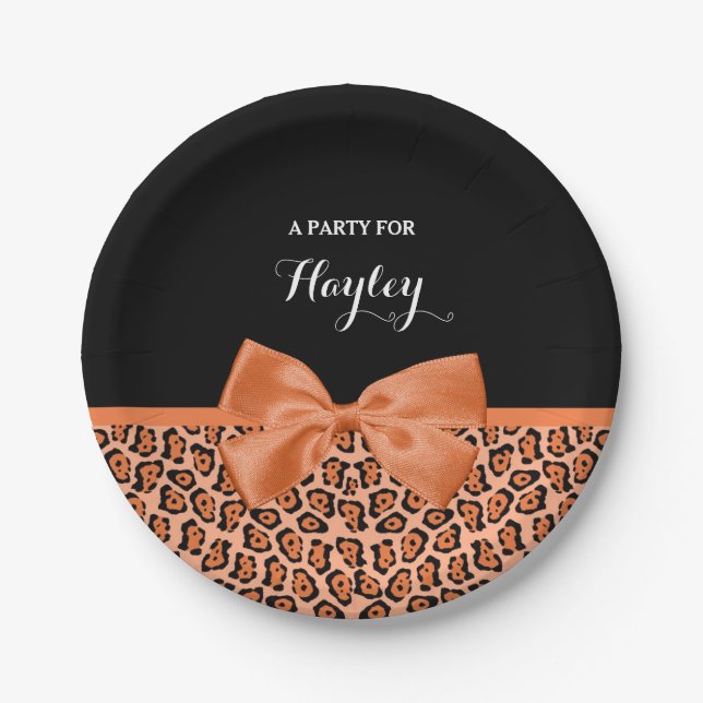 Girly Orange Black Jaguar Cute Ribbon With Name Paper Plate (Front)