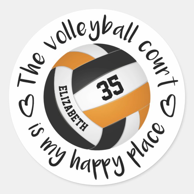 girly orange black volleyball court my happy place classic round sticker (Front)