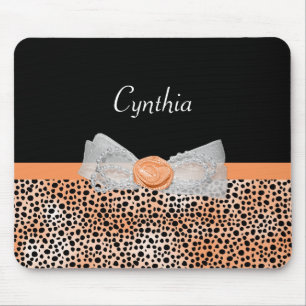 Girly Orange Cheetah Print Cute Rose Bow and Name Mouse Pad