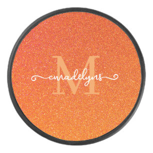 Girly Orange Glitter Sparkles Monogram Script Name Hockey Puck