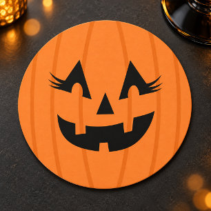 Girly Orange Jack o Lantern Eyelashes Pumpkin Round Paper Coaster