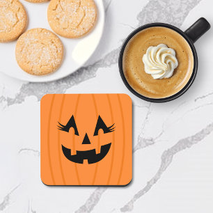 Girly Orange Jack O Lantern Pumpkin Face Halloween Coaster