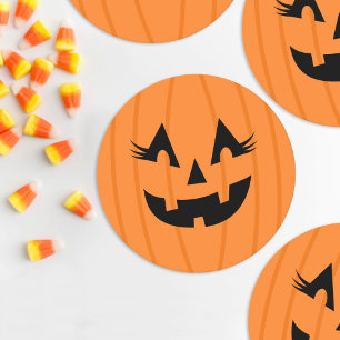 Girly Orange Jack O Lantern Pumpkin Face Halloween Round Paper Coaster