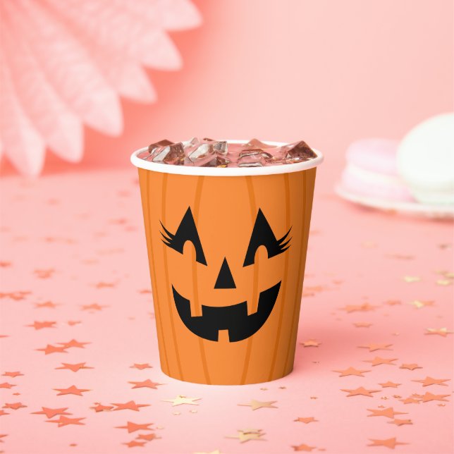 Girly Orange Jack O Lantern with Lashes Halloween Paper Cups (Insitu)