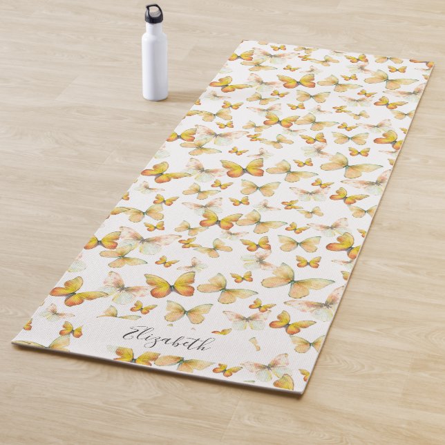 Girly Orange Pastel Butterflies Custom Name Yoga Mat (In Situ)