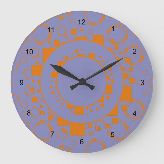 Girly orange purple circle squares pattern dizzy large clock (Front)