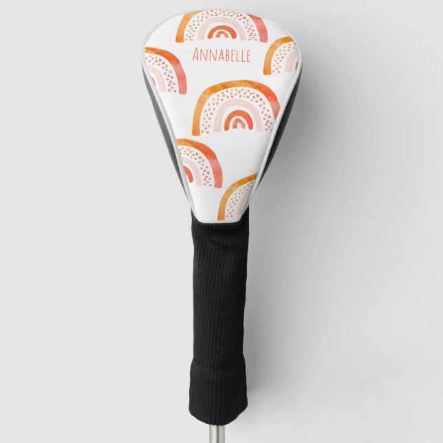 Girly Orange Watercolor Rainbow Personalised  Golf Head Cover (Front)