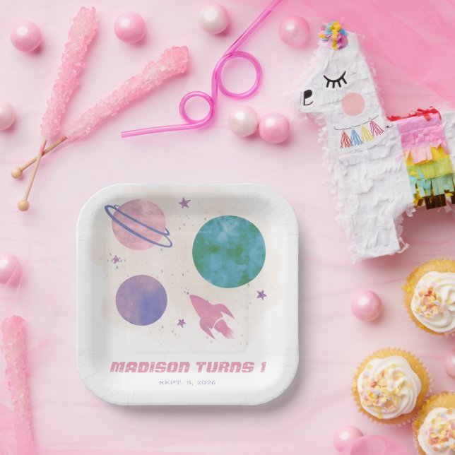 Girly Outer Space Watercolor Planet 1st Birthday Paper Plate (Party)