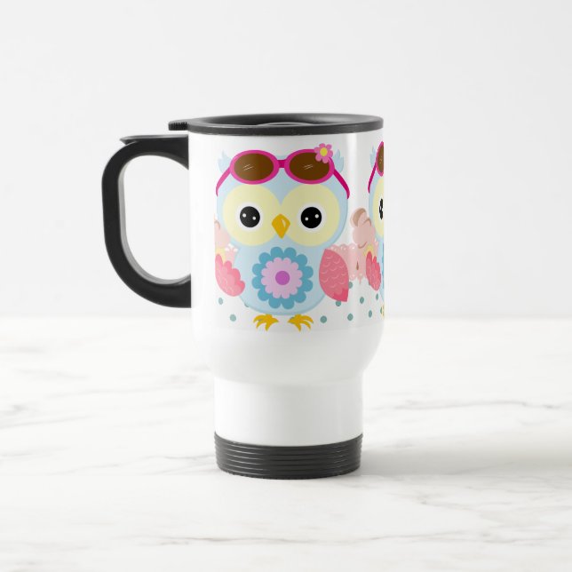 Girly Owl with Pastel Colours Travel Mug (Left)