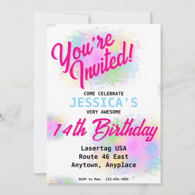 Girly Paint Splatter Birthday Party Invitation (Front)