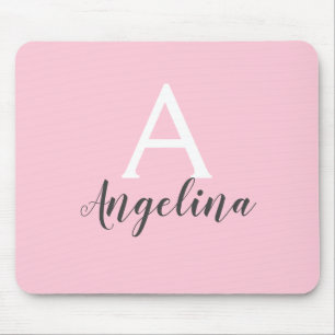 Girly Pale Blush Pink White & Grey Monogram Name Mouse Pad