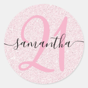 Girly Pale Pink Faux Glitter Personalised 21 Classic Round Sticker