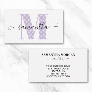 Girly Pale Purple and White Polka Dot Monogram Business Card