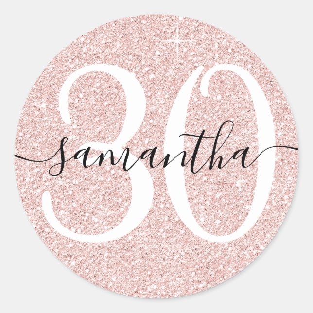 Girly Pale Rose Gold Faux Glitter Personalised 30 Classic Round Sticker (Front)