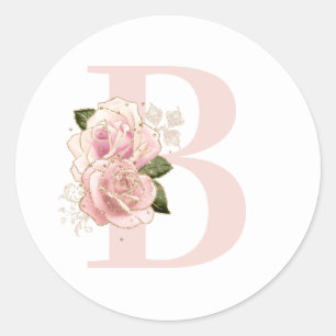 Girly Pale Rose Gold Glitter Floral Blush Monogram Classic Round Sticker