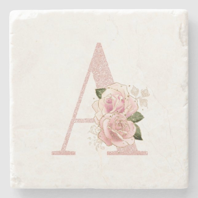 Girly Pale Rose Gold Glitter Floral Monogram A Stone Coaster (Front)