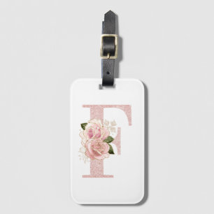 Girly Pale Rose Gold Glitter Floral Monogram F Luggage Tag