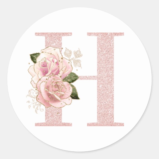 Girly Pale Rose Gold Glitter Floral Monogram H Classic Round Sticker (Front)