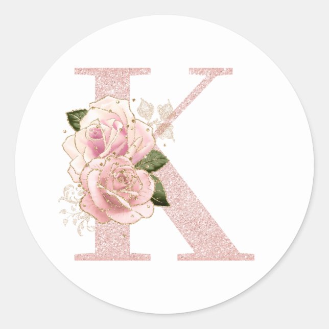 Girly Pale Rose Gold Glitter Floral Monogram K Classic Round Sticker (Front)
