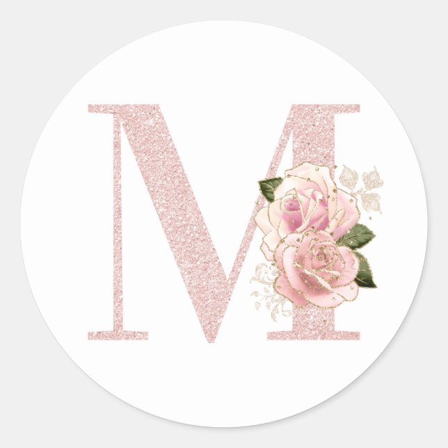 Girly Pale Rose Gold Glitter Floral Monogram M Classic Round Sticker (Front)
