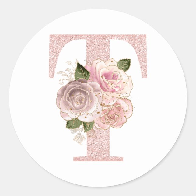 Girly Pale Rose Gold Glitter Floral T Monogram Classic Round Sticker (Front)