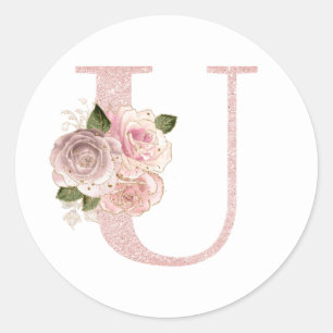Girly Pale Rose Gold Glitter Floral U Monogram Classic Round Sticker