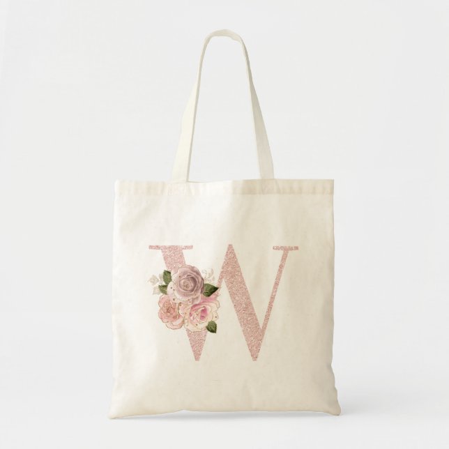 Girly Pale Rose Gold Glitter Floral W Monogram Tote Bag (Front)