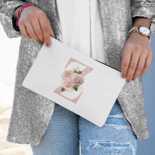 Girly Pale Rose Gold Glitter Floral Z Monogram Accessory Pouch