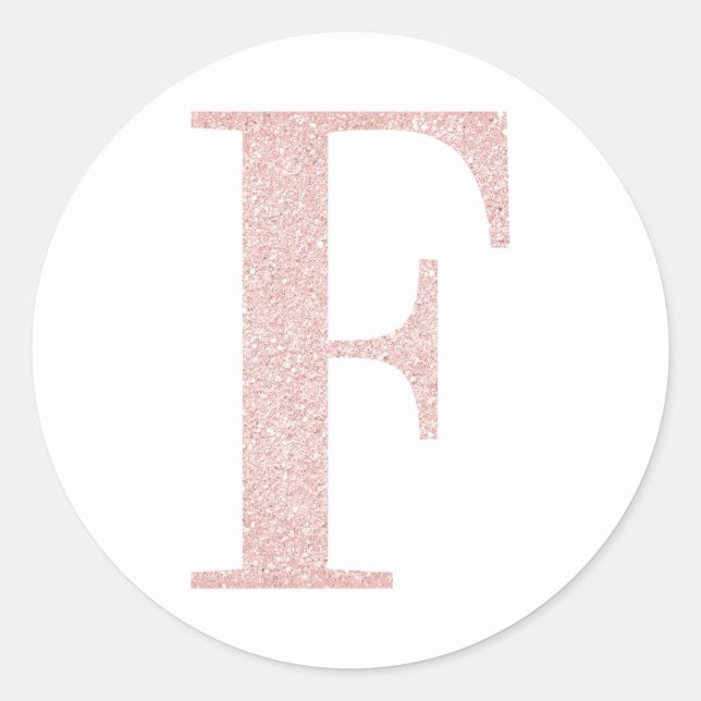 Girly Pale Rose Gold Glitter Monogram F Classic Round Sticker (Front)