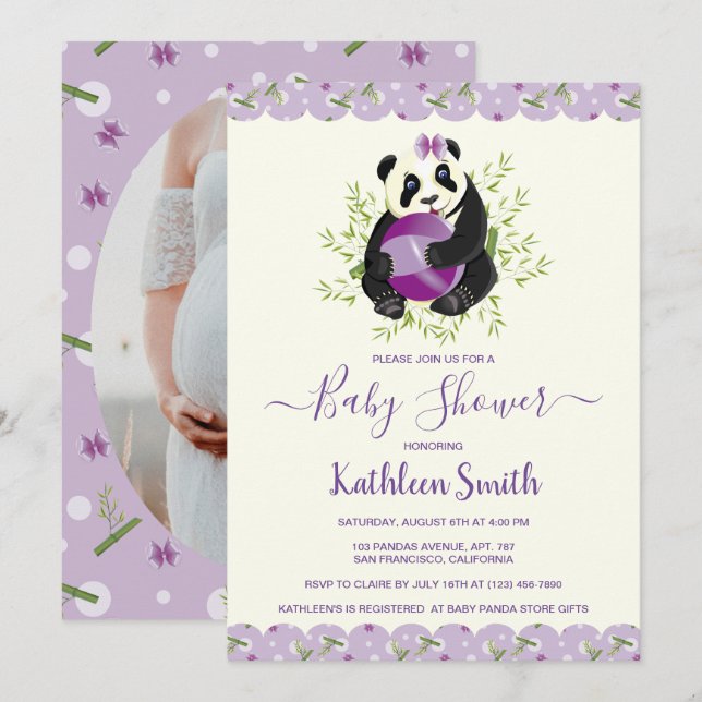 Girly Panda Bear Baby Shower Pale Lilac Photo Invitation (Front/Back)