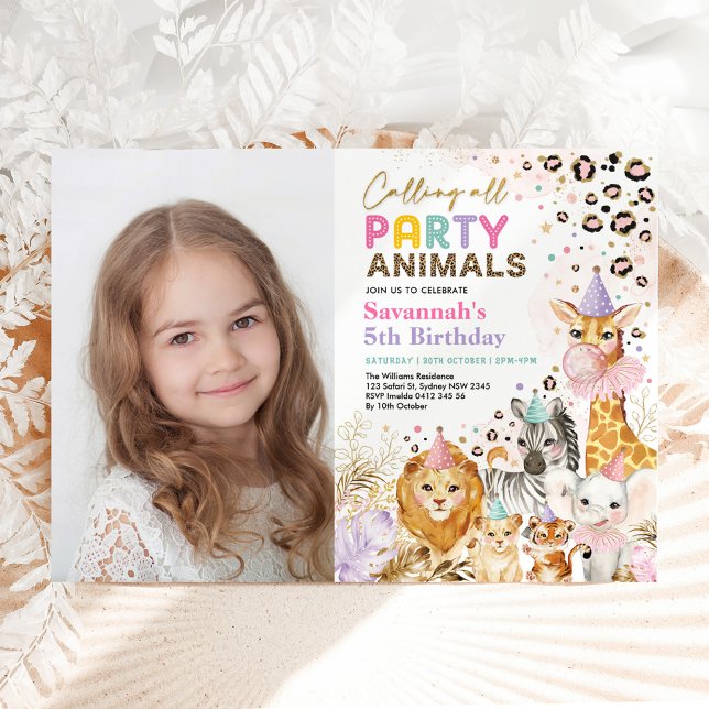 Girly Party Animals Jungle Safari Birthday Party Invitation (Creator Uploaded)