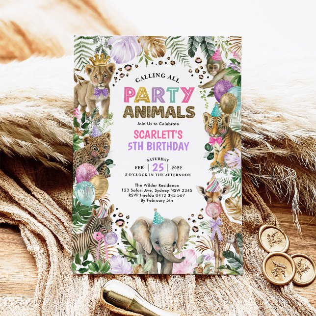 Girly Party Animals Wild Jungle Safari Birthday Invitation (Creator Uploaded)
