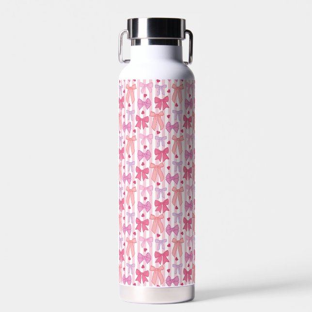 Girly Pastel Bows and Stripes Water Bottle (Front)
