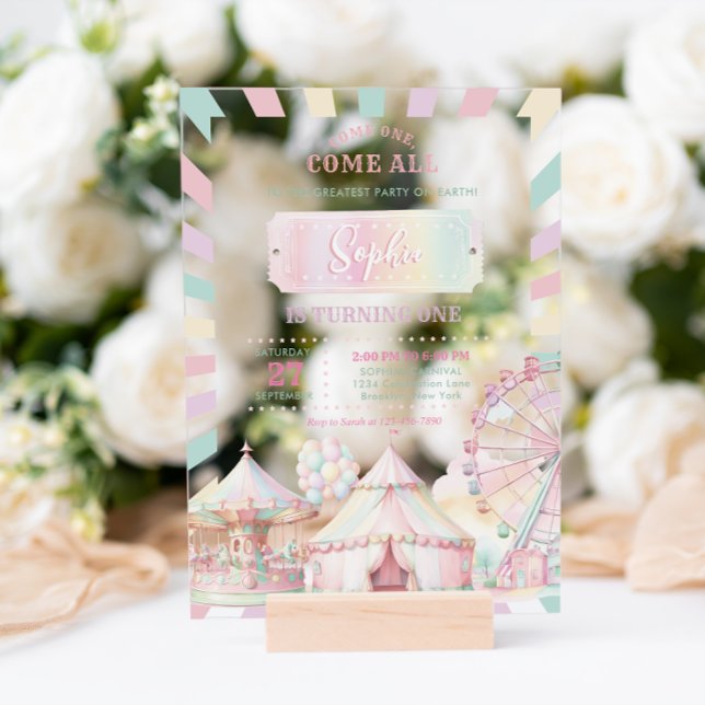 Girly Pastel Colour Carnival Circus Kids Birthday Acrylic Invitations (Creator Uploaded)