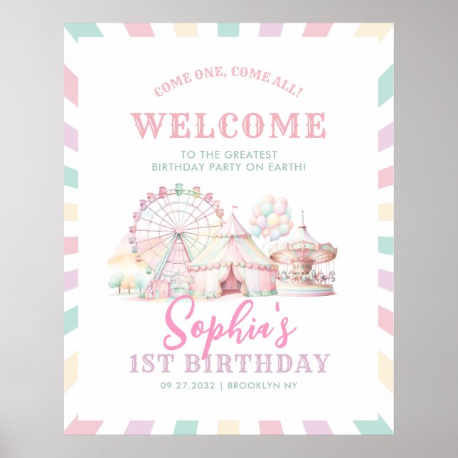Girly Pastel Colour Carnival Circus Kids Birthday Poster (Front)