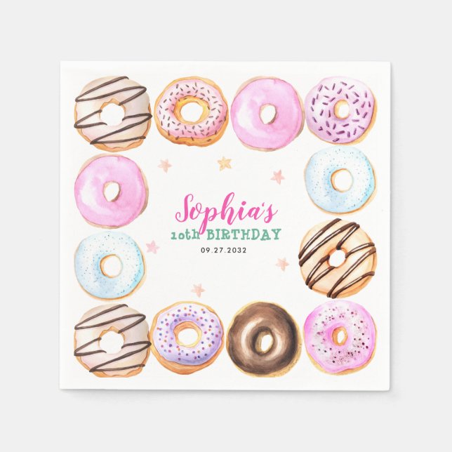 Girly Pastel Doughnuts Watercolor Birthday Party Napkin (Front)